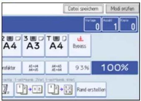 Datei speichern Modi prufen Vorlage Assatz Engine 0 1 0 2 A4 3 A3 T A4 Bypass rofaktor A3+A4 A4+A5 A5+A6 9,3% 100% 1 2 1 2 1 2 1 2 1 4 Rand erstellen