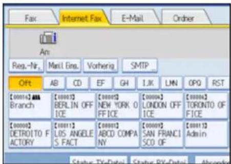 Fax Internet Fax E-Mail Order Am: Reg.-Nr. Mail Eng. Vorheng SMTP Off AB CD EF GH IJK LMN OPQ RST [00014] AAA Branch [00003] BERLIN OFF ICE [00005] NEW YORK 0 FFICE [00006] LONDON OFF ICE [00006] TORONTO OFF ICE [00002] DETROITO FACTORY [00011] LOS ANGELE S. FACT [00003] ABCD COMPANY [00009] SAN FRANCIS CO. OF [00013] Adain Status: TV-Data1 Status: RX-Data2 Abandoned