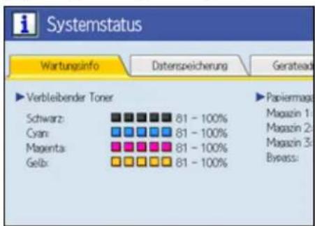 Systemstatus Wartungsinfo Datenspeicherung Geratead ►Verbleibender Toner ►Papiermaga Schwarz: 81 - 100% Cyan: 81 - 100% Magenta: 81 - 100% Gelb: 81 - 100% Magazin 1: Magazin 2: Magazin 3: Bypass: