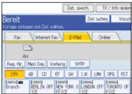 Dat. speich. TX / Info ander Bereit Vorlage einlegen und Ziel wählen. Ziel suchen Vorsch Fax Internet Fax E-Mail Order An: Reg.-Nr. ManLL Einp. Vorherig SMTP Oft AB CD EF GH LJK LMN OPQ RST [00014] ABA Branch [00003] BERLIN OFF ICE [00005] NEW YORK 0 FFICE [00004] LONDON OFF ICE [00006] TORONTO OF FFICE