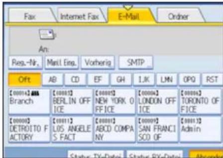 Fax Internet Fax E-Mail Order An: Reg.-Nr. Mail.Eng. Votherig SMTP Off AB CD EF GH 1.K LMN OPQ RST [000014] ABS Branch [000015] BERLIN OFF ICE [000005] NEW YORK O FFICE [000006] LONDON OFF ICE [000006] TORONTO OF FICE [000007] DETROITTO F ACTORY [000011] LOS ANGELE S.FACT [000008] ABCD COMPA NY [000009] SAN FRANCI SOD OF [000013] Admin Status: TV-Date1 Status: BY-Date2 Microsoft