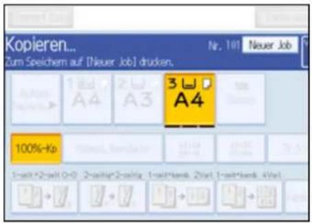 Kopieren... Zum Speichern auf [Neuer Job] drucken. Nr. 101 Neuer Job 1 A4 2 A3 3 A4 100%-Kp 1-salt*2-salt 0-0 2-salt*2-saltig 1-salt*kend 2-salt 1-salt*kend 4-salt