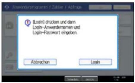 [Login] drücken und dann Login-Anwendermernen und Login-Password eingeben. Abbrechen Login