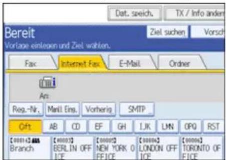 Bereit Vortage einlegen und Ziel wahlen. Fax Internet Fax E-Mail Order Am: Reg.-Nr. Manl. Eins.Vorherig SMTP Oft AB CD EF GH IJK LMN OPQ RST [000142]Bank [00003]BERLIN OFFICE [00005]NEW YORK OFFICE [00006]LONDON OFFICE [00006]TORONTO OFFICE