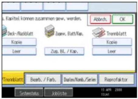 L. Kapitel können zusammen gew, werden. Abbrch. OK Deck-/Ruckblatt Kopie Leer Zug. BL. / Kap. Trennblatt Kopie Leer Trennblatt Bearb. / Farb. Duslev/Komb./Siren Retrofaktor Systematics Jobiste 11 APR 2008 17:41