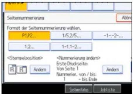 Seitennummerierung Format der Seitennummerierung wählen. P1,P2... 1/5,2/5... -1:-2-... 1,2... 1-1,1-2... Erste Druckseite: Von Seite 1 Nummerier, von / bis: 1 - bis Ende Andern Serbachaus Jobiste