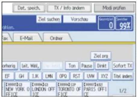 Dat. speich. TX / Info andem Modi prufen Ziel suchen Vorschau Gesamtigt 0 Schniffer 99% Fax E-Mail Ordnier Ziel prg. otherig Leit. Mail, Ton Pause Dirkt Sofort TX EF GH 1.K LMN OPQ RST UVW XYZ Titel andem [0000]3 NEW YORK 0 OFFICE [0000]3 LONDON OFF ICE [0000]22P TORONTO OF FICE [0000]2422 PARIS OFFICE 1/2