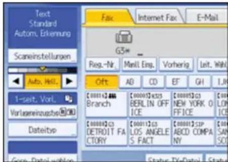 Text Standard Autom. Erkennung Scaneinstellungen Auto, Hall. 1-seit, Vorl. Vorlagereinzugsbe®(0) Dateityp Fax Internet Fax E-Mail G5* Reg.-Nr. Manl. Eing. Vorherig. Leit, WNL Oft AB CD EF GH I.H. [0000]S488 Branch [0000]S483 BERLIN OFF ICE [0000]S43 NEW YORK O FFICE [0000]S39 LO ICE [0000]S37 DETROIT FA CTORY [0001]S33 LOS ANGELE S FACT [0001]S1P ABCD COMPA NY [0001]S29 SAN SCI