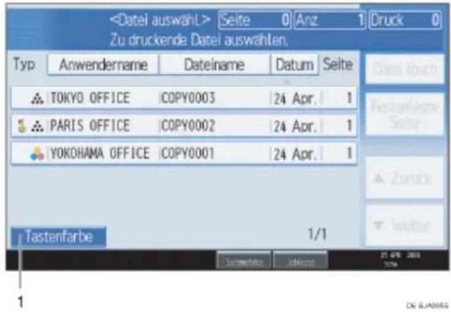Seite 0 Anz 1 Druck 0 Zu druckende Date1 auswahlen. Typ Anwendername Dateiname Datum Seite TOKYO OFFICE COPY0003 24 Apr. 1 PARIS OFFICE COPY0002 24 Apr. 1 YOKOHAMA OFFICE COPY0001 24 Apr. 1 Tastenfarbe 1/1 Sachwanabe Joltersa 25 APR 2001 DE SLADERS