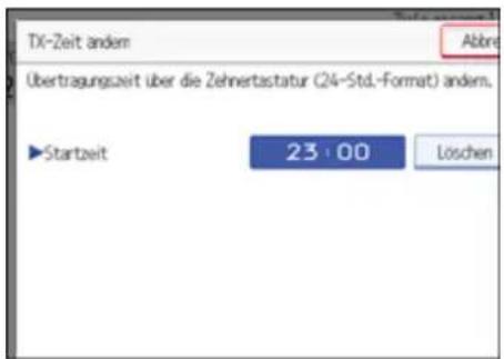TX-Zeit anders Abbr Übertragungszeit über die Zehnertastatur (24-Std.-Format) anders. ►Startzeit 23:00 Loschen