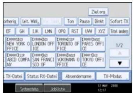 Ziel.org xherig Leit, Wai, Ton Pause Dinkt Sofort TX EF GH 1JK LMN OPQ RST UWX XYZ Titel andem [00005]G3 [0000A]G3 [0000A]SIP [00007]k321 NEW YORK O FICE LONDON OFF ICE TORONTO OF FICE PARIS OFF ICE 1/2 [00001]SIP [0000F]G3 [0000F]k321 ABCD COMPANY SAN FRANCIS CO OF YOKOHAMA O FICE TOKYO OFF ICE ▼ TX-Datei Status RX-Datei Absendername TX-Modus Systemstatus Jobliste 12 MAY 2008 12:17