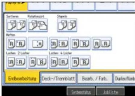 Sortiern Rotate/sort Shapeo Hefes R R R R R R R R Lochen: 2 Lücher Lochen: 4 Lücher R R R R R R R R Endbearbeitung Deck-/Trennblatt Bearb. / Farb. Duplex/Komb Systemstatus Jobliste