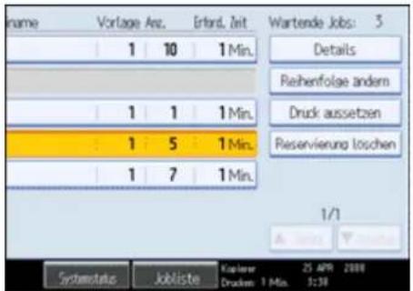 Name Vorlage Anz.Erfard. Zeit Wartende Jobs: 3 1 10 1 Min. Details Riehenfolge anders Druck aussetzen Reservierung loschen 1 5 1 Min. 1 7 1 Min. 1/1 Awards Systematic.Jobliste.Kapierer Drucken 1 Min. 25 APR 2008 3:30