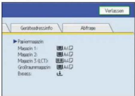 Gerateadressinfo Abfrage ►Papiemagazin Magazin 1: A4 Magazin 2: A4 Magazin 3 (LCT): A4 Großraummagazin: A4 Bypass:
