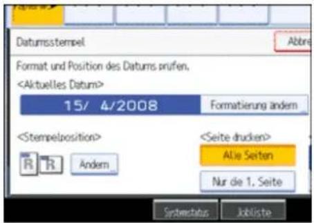 Datumstempel Format und Position des Datums prufen. 15/ 4/2008 Formatierung andersen R R Andem Alle Seiten Nur die 1. Seite Syndectatus Jobliste