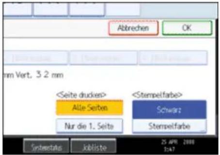 Abbrechen OK mm Vert. 3,2 mm Alle Seiben Nur die 1. Seite Schwarz Stempelfarbe Systemate Jobliste 25 APR 2008 2:47
