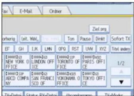 Fax E-Mail Order Ziel prg otherig Leit. Wal. Ton Pause Dinkt Sofort TX EF GH I.K LMN OPQ RST UW XYZ Titel andem [00005]G3 [0000A]G3 [0000A]SIP [00007]x325 NEW YORK O FICE LONDON OFF ICE TORONTO OF FICE PARIS OFF ICE 1/2 [00001]SIP [00009]G3 [00002]x325 ABCD COMPA NY SAN FRANCIC SO OF YOKONAMA O FICE TOKYO OFF ICE ▼ Tx-Date Status Rx-Date (common name) Tx-Model
