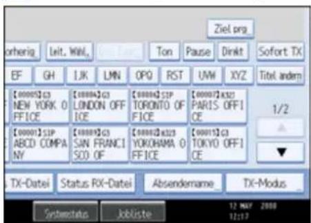 Ziel.org otherig Leit, Wall, Ton Pause Dinkt Sofort TX EF GH IJK LMN OPQ RST UW XYZ Titel andem [00005]C3 [00004]C3 [00006]SIP [00007]K321 NEW YORK O FICE LONDON OFF ICE TORONTO OF FICE PARIS OFF ICE 1/2 [00001]SIP [00005]C3 [00006]K323 [00015]C3 ABCD COMPANY SIN FRANCISO OF YOKOHAMA O FICE TOKYO OFF ICE ▼ TX-Datei Status RX-Datei Absendename TX-Modus Systemdata Jobliste 12 MAY 2008 12/17