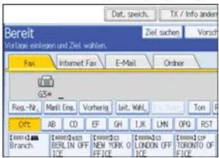 Bereit Vortape einlegen und Ziel wahlen. Fax Internet Fax E-Mail Order G3# Reg.-Nr. Mandl.Eing.Vorherig.Loit.Wahl.Ton Oft AB CD EF GH I.J.K.LMN OPQ RST [0001]#A## Branch [4000]#A#25 BERLIN OFF ICE [0000]#C3 NEW YORK O FICE [0000]#C3 LONDON OFF ICE [0000]#SIP TORONTO OF ICE