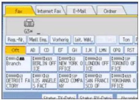 Fax Internet Fax E-Mail Order G3* Reg.-Nr. Mail.Eng. Vorherig Leit.Wahl. Ton Off AB CD EF GH I.J.K LMN OPQ RST [0001]2 833 Branch [0000]3 8325 BERLIN OFF ICE [0000]3 G3 NEW YORK 0 FFICE [0000]4 G3 LONDON OFF ICE [0000]5 12P TORONTO OF FICE [0000]6 G3 DETROIT FA CTORY [0001]3 G3 LOS ANGELE S.FACT [0000]7 12P ABCD COMPA NY [0000]8 G3 SAN FRANCI SCD OF [0000]9 8325 YOKOHAMA 0 FFICE