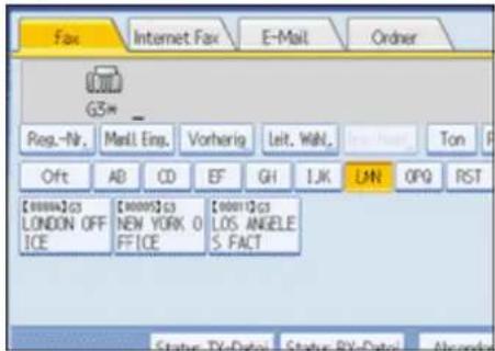 Fax Internet Fax E-Mail Order G3* Reg.-Nr. Mail Eng. Vorherig Leit. Wahl. Ton Off AB CD EF GH IJK LAN OPQ RST [0000]CS LONDON OFF ICE [0000]CS NEW YORK 0 FFICE [0001]CS LOS ANGELE S. FACT Status: TX-Date1, Status: RX-Date2, Ascender