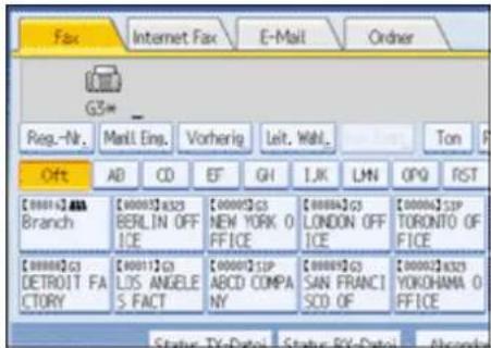 Fax Internet Fax E-Mail Order G3* Reg.-Nr. Mall. Eng. Vorherig Leit. Wahl. Ton Off AB CD EF GH IJK LMN OPQ RST [0000]A.ABA Branch [0000]A325 BERLIN OFF ICE [0000]C3 NEW YORK O FFICE [0000]C3 LONDON OFF ICE [0000]S32P TORONTO OF FICE [0000]C3 DETROIT FA CTORY [0001]C3 LOS ANGELE S. FACT [0000]SIP ABCD COMPA NY [0000]C3 SAN FRANCI SCO. OF [0000]A325 YOKOHAMA O FFICE