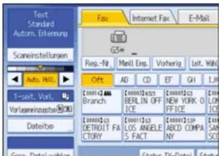 Text Standard Autom. Erkennung Scaneinstellungen Auto. Hall. 1-seit. Vorl. Vorlaemeinzustive@00 Dateityp Fax Internet Fax E-Mail GSH+ Reg.-Nr. Manl. Emp. Vorherig. Leit. WAN Oft AB CD EF GH I.M. [0000]2.888 Branch [0000]5.8x53 BERLIN OFF ICE [0000]5.63 NEW YORK O FFICE [0000]5.63 LOFICE [0000]5.63 DETROIT FA CTORY [0001]2.63 LOS ANGELE S. FACT [0000]5.5IP ABCD COMPA NY [0000]5.5IP SAN SCI Status: TV-Data1, Status
