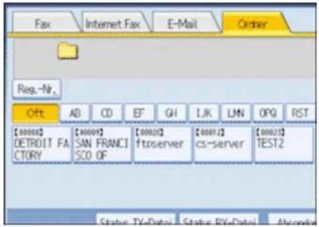 Fax Internet Fax E-Mail Order Reg.-Nr. Off AD CD EF GH 1JK LMN OPQ RST [00000] DETROIT FACTORY [00009] SAN FRANCISCO OF [00020] ftoserver [00012] cs-server [00023] TEST2 Status: TX-Date Status: BY-Date Ascend