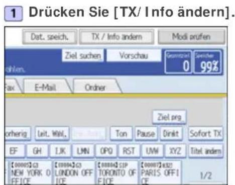 1 Drücken Sie [TX/ Info ändern]. Dat. speich. TX / Info ändern Modi prufen Ziel suchen Vorschau Gesamtigt 0 Sensicher 99% ohlen. Fax E-Mail Order Ziel prg orherig Leit. Wall. Ton Pause Dirkt Sofort TX EF GH J.K LMN OPQ RST UNW XYZ Titel ändern [0000] G3 NEW YORK 0 OFFICE [0004] G3 LONDON OFFICE [0004] SIP TORONTO OF FICE [0007] E322 PARIS OFFICE 1/2