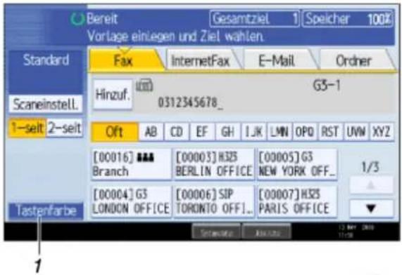 Bereit Gesamtziel 1 Speicher 100% Vortage einiegen und Ziel wählen. Standard Fax InternetFax E-Mail Ordner Hinzuf. G3-1 0312345678_ Oft AB CD EF GH IJK LMN OPQ RST UVW XYZ [00016] *** Branch [00003] H325 BERLIN OFFICE [00005] G3 NEW YORK OFF_ 1/3 [00004] G3 LONDON OFFICE [00006] SIP TORONTO OFFI... [00007] H325 PARIS OFFICE ▼ Tastenfarbe