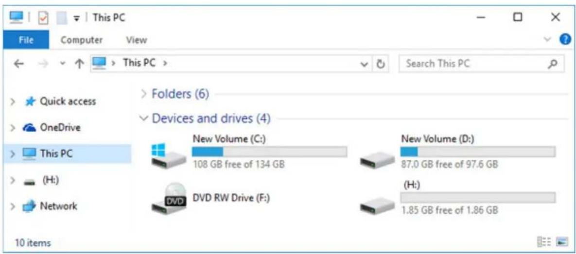 This PC File Computer View > Quick access > OneDrive > This PC >(H:) > Network 10 items > Folders (6) ✓ Devices and drives (4) New Volume (C:) 108 GB free of 134 GB DVD RW Drive (F:) New Volume (D:) 87.0 GB free of 97.6 GB (H:) 1.85 GB free of 1.86 GB