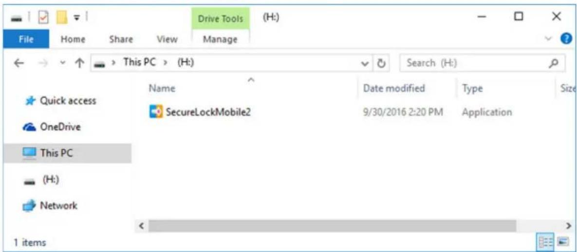 File Home Share View Manage Drive Tools (H:) ← → ↑ → This PC > (H:) Search (H:) Name Date modified Type Size Quick access SecureLockMobile2 9/30/2016 2:20 PM Application OneDrive This PC (H:) Network 1 items