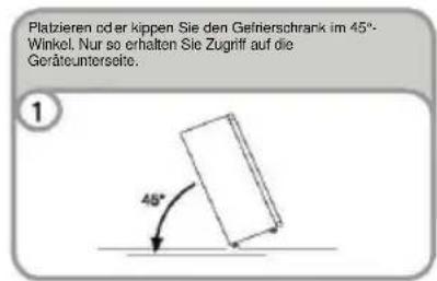 Platzieren oder kippen Sie den Gefrierschrank im 45°- Winkel. Nur so erhalten Sie Zugriff auf die Geräteunterseite. 1 45°