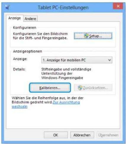 Anzeige Andere Konfigurieren Konfigurieren Sie den Bildschirm für die Stift- und Fingereingabe. Setup... Anzeigeoptionen Anzeige: 1. Anzeige für mobilen PC Details: Stifteingabe und vollständige Unterstützung der Windows-Fingereingabe Kalibrieren... Zurücksetzen... Wählen Sie die Reihenfolge aus, in der der Bildschirm gedreht wird. Zur Ausrichtung wachsein OK Abbrechen Übernehmen
