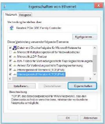 Eigenschaften von Ethernet Network Freigase Verbindung herstellen über Realtek PCIe DBE Family Controller Konzgazierungen... Diese Verbindung verwenderfolgende Elemente: ● Data- und Druckauftragabe für Microsoft-Netzwerke ○ Microsoft-Multiplexprotocol for Networkadapter ○ Microsoft-LDDP-Träcker ○ E/A Treitor für Varnungsansprüche Topologiekennungszur ○ Anton für Verbindungsschließlich Topologieverkernung ○ Interprotocol Version 5 (TCP/IPA) ● Bargeprotocol Version 6 (TCP/IPA) Installiert... Gewichtener Eigenschaften Bestrechnung TCP/IP, das Standardprotocol für WAVN Netzwerks, das den Datenausatz auch über verschiedene, mehrander verbundene Netzwerks ermöglichts. OK Abbrachen