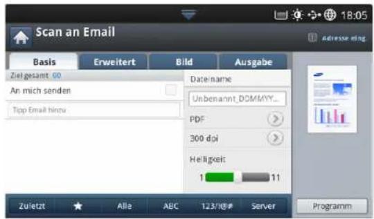 Scan an E-Mail Basis Erweitert Bild Ausgabe Ziel gesamt 00 An mich senden Tipp: E-Mail hinzufügen Dateiname Unbenannt_DOMMYY_ PDF 300 dpi Helligkeit 1 11 Zuletzt Alle ABC 123/10# Server Programm