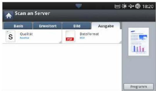 Scan an Server Basis Erweitert Bild Ausgabe Qualität Name PDF-Dateiformat Programm