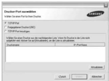 Drucker-Port auswählen Wählen Sie einen Port für Ihren Drucker. TCP/IP-Port Freigegebener Drucker (UNC) TCP/IP-Port hinzufügen Wählen Sie einen Drucker aus der nachfolgenden Liste. Falls Ihr Drucker in der Liste nicht aufgeführt wird, klicken Sie auf [Aktualisieren], um die Liste zu aktualisieren. D…