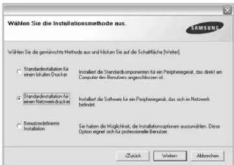 Wählen Sie die Installationsmethode aus. Wählen Sie die gewünschte Methode aus und klicken Sie auf die Schaltfläche (Weiter). Standardinstallation für einen lokalen Drucker Installiert die Standardkomponenten für ein Peripheriegerät, das direkt an den Computer des Benutzers angeschlossen ist. Standa…