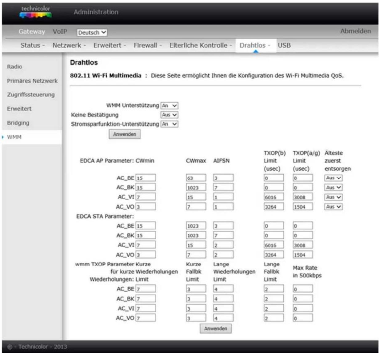 Technicolor TC7200.20 - 802.11e QoS (WMM) Einstellungen - 1