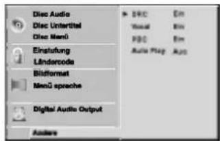 Disc Audio Disc Untertitel Disc Menü Einstufung Ländercode BisfFormat Menü spreche Digital Audio Output Andere SBC En Visual En PBC En Audio Plot Apo