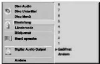 Disc Audio Disc Untertitel Disc Menü Einstellung Ländercode Bildformat Menü sprache Digital Audio Output Andere 8 7 8 5 4 3 2 1 Gedfinat Andem