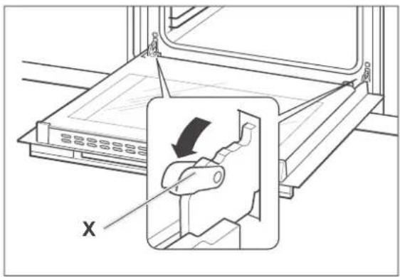 Technical diagram showing a mechanical device with labeled component X and directional arrow indicating motion or movement.