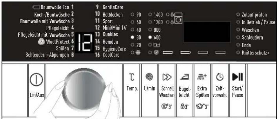 Baumwolle Eco 1 Koch-/Buntwäsche 2 Baumwolle mit Vorwäsche 3 Pflegeleicht 4 Pflegeleicht mit Vorwäsche 5 WoolProtect 6 Spülen 7 Schleudern+Abpumpen 8 GentleCare 10 Bettdecken Sport Mini/Mini 14' Dunkles Hemden HygieneCare CoolCare 90 1400 60 1200 40 800 30 600 20 Zulauf prüfen In Betrieb / Pause Waschen Schleudern Ende Knitterschutz+ Ein/Aus Temp. U/min Schnell Waschen 3° Bügel-leicht 3° Extra Spülen 3° Zeit-vorwahl Start/Pause