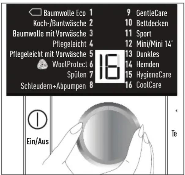 Baumwolle Eco 1 Koch-/Buntwäsche 2 Baumwolle mit Vorwäsche 3 Pflegeleicht 4 Pflegeleicht mit Vorwäsche 5 WoolProtect 6 Spülen 7 Schleudern+Abpumpen 8 9 GentleCare 10 Bettdecken 11 Sport 12 Mini/Mini 14' 13 Dunkles 14 Hemden 15 HygieneCare 16 CoolCare Ein/Aus Te