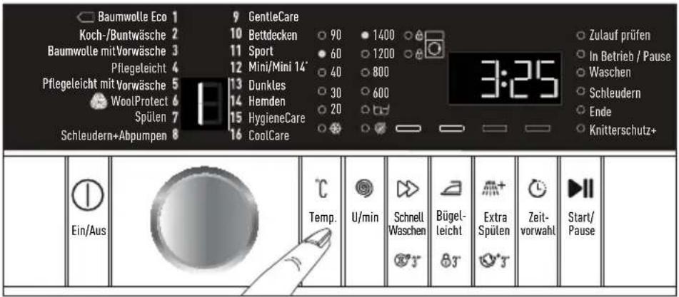 Baumwolle Eco 1 Koch-/Buntwäsche 2 Baumwolle mit Vorwäsche 3 Pflegeleicht 4 Pflegeleicht mit Vorwäsche 5 WoolProtect 6 Spülen 7 Schleudern+Abpumpen 8 GentleCare 10 Bettdecken 90 1400 11 Sport 60 1200 12 Mini/Mini 14° 40 800 13 Dunkles 30 600 14 Hemden 20 15 HygieneCare 16 CoolCare 3:25 Zulauf prüfen In Betrieb / Pause Waschen Schleudern Ende Knitterschutz+ Ein/Aus Temp. U/min Schnell Waschen Bügel-leicht Extra Spülen Zeit-vorwahl Start/Pause