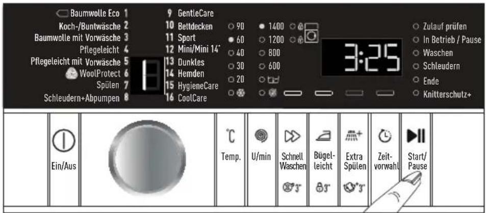 Baumwolle Eco 1 Koch-/Buntwäsche 2 Baumwolle mit Vorwäsche 3 Pflegeleicht 4 Pflegeleicht mit Vorwäsche 5 WoolProtect 6 Spülen 7 Schleudern+Abpumpen 8 9 GentleCare 10 Bettdecken 90 1400 11 Sport 60 1200 12 Mini/Mini 1/4 40 800 13 Dunktes 30 600 14 Hemden 20 15 HygieneCare 16 CoolCare 3:25 Zulauf prüfen In Betrieb / Pause Waschen Schleudern Ende Knitterschutz+ Ein/Aus Temp. U/min Schnell Waschen Bügel-leicht Extra Spülen Zeit-vorwahl Start/Pause