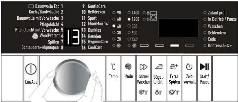 Baumwolle Eco 1 Koch-/Buntwäsche 2 Baumwolle mit Vorwäsche 3 Pflegeleicht 4 Pflegeleicht mit Vorwäsche 5 WoolProtect 6 Spülen 7 Schleudern+Abpumpen 8 9 GentleCare 10 Bettdecken 90 1400 11 Sport 60 1200 12 Mini/Mini 14" 40 800 13 Dunkles 30 600 14 Hemden 20 15 HygieneCare 16 CoolCare Zulauf prüfen In Betrieb / Pause Waschen Schleudern Ende Knitterschutz+ Ein/Aus Temp. U/min Schnell Waschen Bügel- leicht Extra Spülen Zeit- vorwahl Start/ Pause