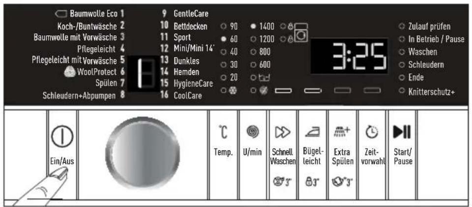 Baumwolle Eco 1 Koch-/Buntwäsche 2 Baumwolle mit Vorwäsche 3 Pflegeleicht 4 Pflegeleicht mit Vorwäsche 5 WoolProtect 6 Spülen 7 Schleudern+Abpumpen 8 9 GentleCare 10 Bettdecken 90 1400 11 Sport 60 1200 12 Mini/Mini 14' 40 800 13 Dunkles 30 600 14 Hemden 20 15 HygieneCare 16 CoolCare 3:25 Zulauf prüfen In Betrieb / Pause Waschen Schleudern Ende Knitterschutz+ Ein/Aus Temp. U/min Schnell Waschen Bügel-leicht Extra Spülen Zeit-vorwahl Start/Pause