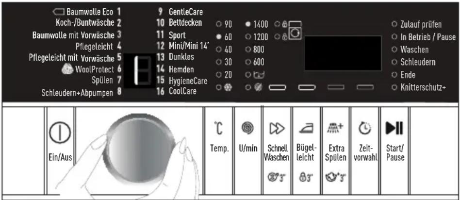 Baumwolle Eco 1 Koch-/Buntwäsche 2 Baumwolle mit Vorwäsche 3 Pflegeleicht 4 Pflegeleicht mit Vorwäsche 5 WoolProtect 6 Spülen 7 Schleudern+Abpumpen 8 GentleCare 10 Bettdecken 11 Sport 12 Mini/Mini 14' 13 Dunkles 14 Hemden 15 HygieneCare 16 CoolCare 90 60 40 30 20 1400 1200 800 600 Zulauf prüfen In Betrieb / Pause Waschen Schleudern Ende Knitterschutz+ Temp. U/min Schnell Waschen Bügel-leicht Extra Spülen Zeit-vorwahl Start/Pause